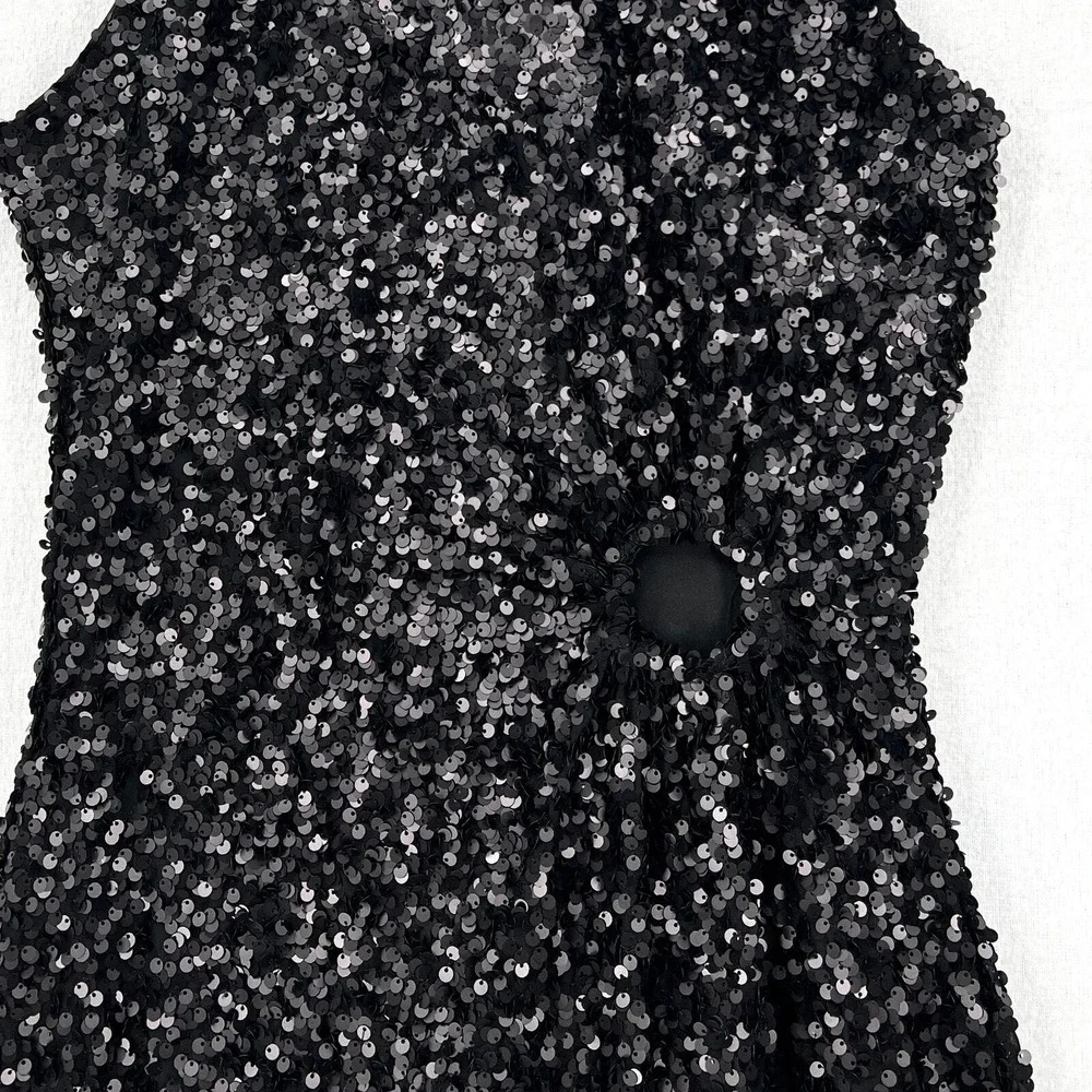 CIEBON Signy Sequin Asymmetrical Gown Womens Small Black Halter Midi Sleeveless - Picture 9 of 16